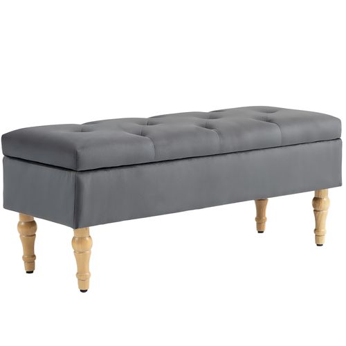 Banquette Coffre Style Baroque Bois Assise Effet Capitonné Velours Gris