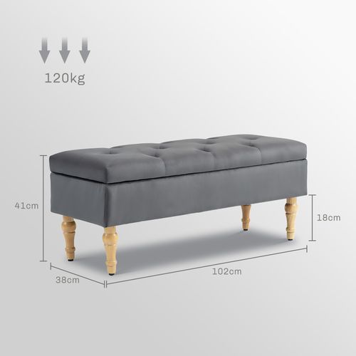 Banquette Coffre Style Baroque Bois Assise Effet Capitonné Velours Gris