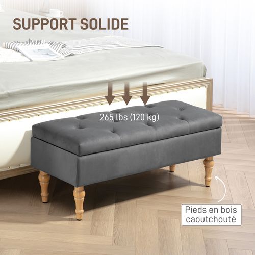 Banquette Coffre Style Baroque Bois Assise Effet Capitonné Velours Gris