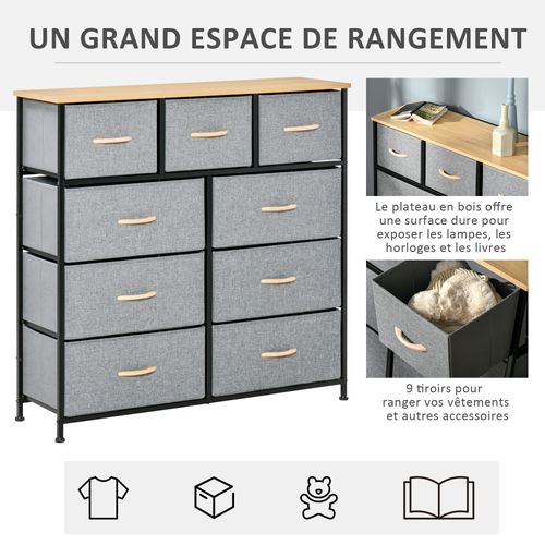 Rangement Commode 9 Tiroirs Plateau Acier Mdf Non Tissé
