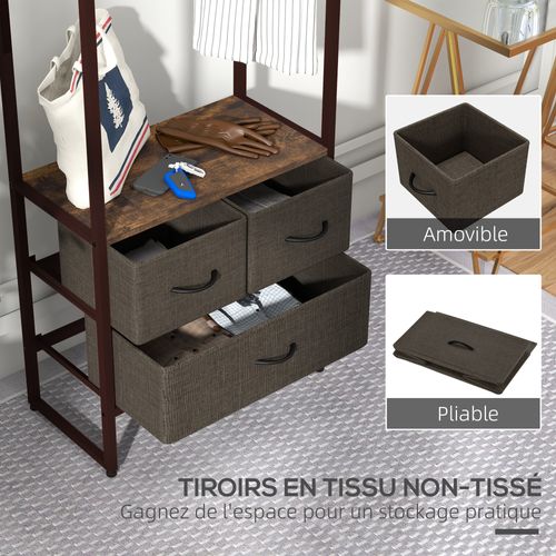 Portant à Vêtement Style Industriel - Multi-rangement -acier Noir Effet Bois Vieilli