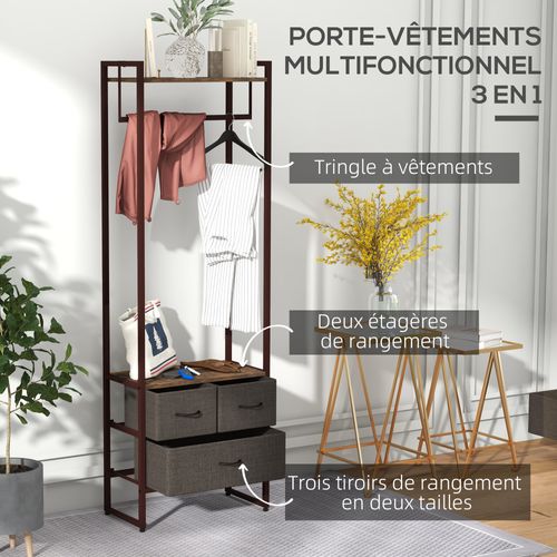 Portant à Vêtement Style Industriel - Multi-rangement -acier Noir Effet Bois Vieilli