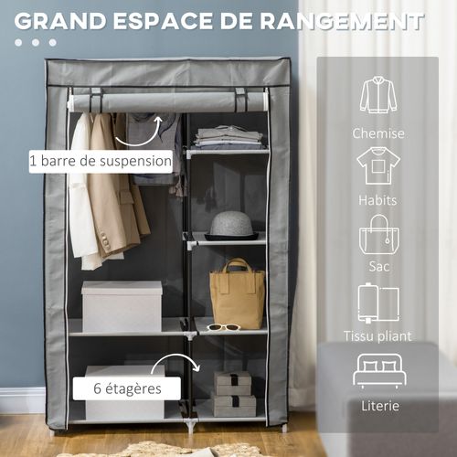 Armoire Penderie Multi-rangement - 6 Étagères, 1 Barre - Non Tissé Gris