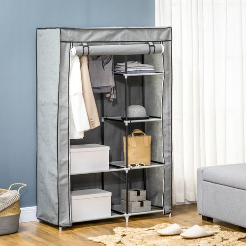 Armoire Penderie Multi-rangement - 6 Étagères, 1 Barre - Non Tissé Gris