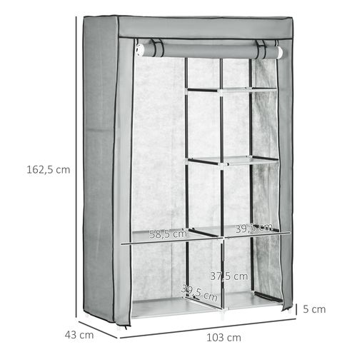 Armoire Penderie Multi-rangement - 6 Étagères, 1 Barre - Non Tissé Gris