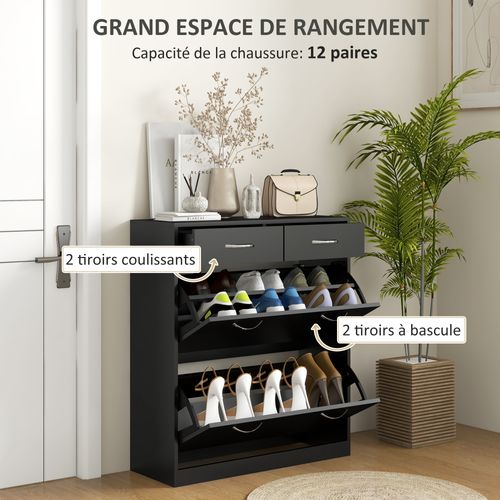 Meuble à Chaussures 2 Abattants Double Niveau 2 Tiroirs