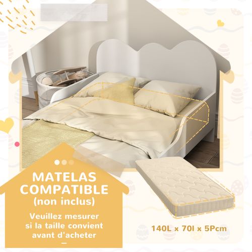 Lit Pour Enfant 3-8 Ans Design Nuage - Sommier à Lattes Inclus - Barrières De Sécurité - Blanc