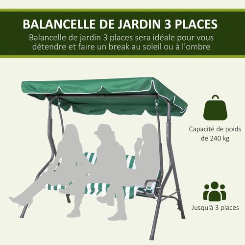 Balancelle De Jardin 3 Places Avec Coussins Gris Blanc Vert