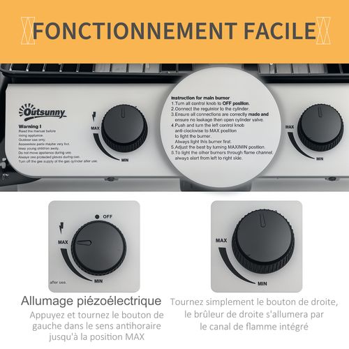 Barbecue Gaz 2 Brûleurs 2,8kw - Couvercle, 2 Tablettes, 2 Roues - Gris Noir