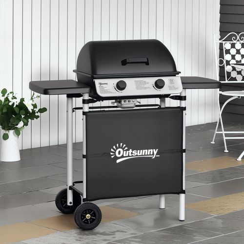 Barbecue Gaz 2 Brûleurs 2,8kw - Couvercle, 2 Tablettes, 2 Roues - Gris Noir