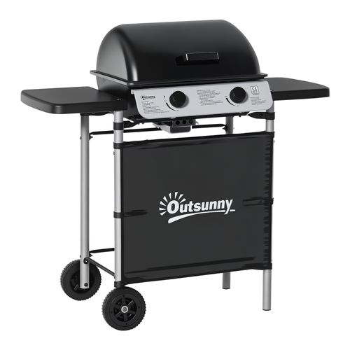 Barbecue Gaz 2 Brûleurs 2,8kw - Couvercle, 2 Tablettes, 2 Roues - Gris Noir
