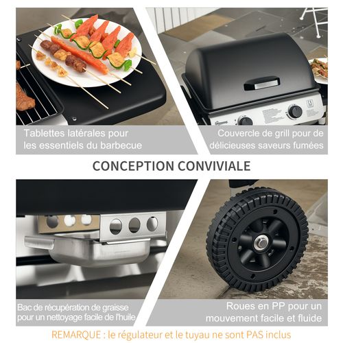Barbecue Gaz 2 Brûleurs 2,8kw - Couvercle, 2 Tablettes, 2 Roues - Gris Noir
