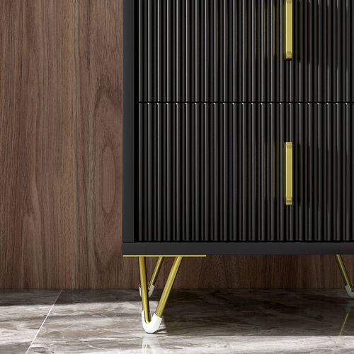 Chevet 2 Tiroirs Style Art Déco Effet Cannelé Métal Doré Noir