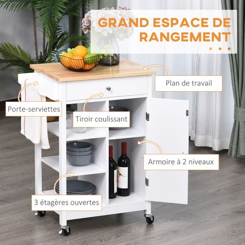 Desserte De Cuisine Multi-rangement Blanc Plateau Bois Hévéa Verni