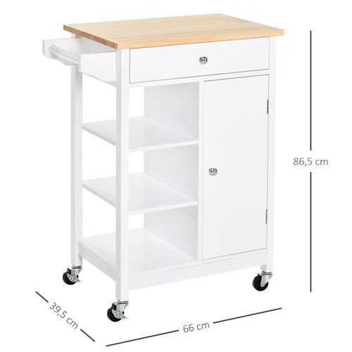 Desserte De Cuisine Multi-rangement Blanc Plateau Bois Hévéa Verni
