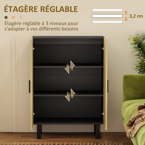 Buffet 2 Portes 2 Étagères Style Bohème Aspect Bois Clair Cannage Rotin
