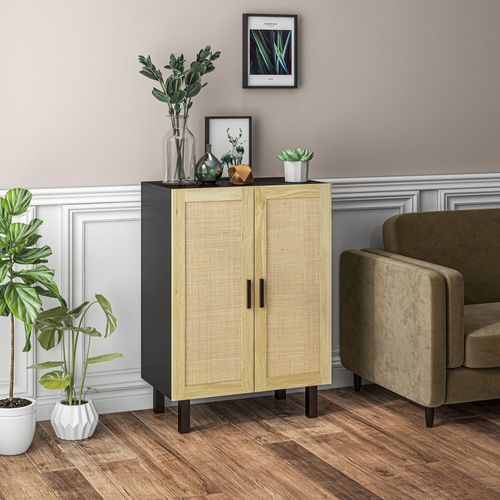 Buffet 2 Portes 2 Étagères Style Bohème Aspect Bois Clair Cannage Rotin