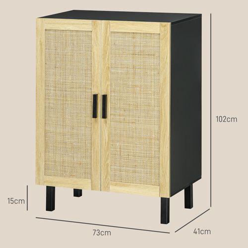 Buffet 2 Portes 2 Étagères Style Bohème Aspect Bois Clair Cannage Rotin