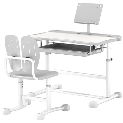 Bureau Enfant Inclinable Réglable Avec Chaise Multi-rangement Gris Blanc