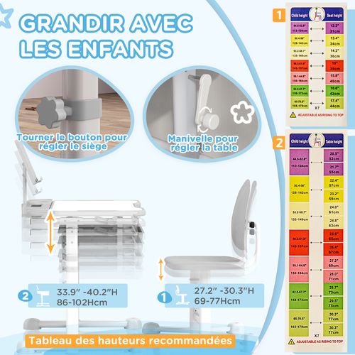 Bureau Enfant Inclinable Réglable Avec Chaise Multi-rangement Gris Blanc