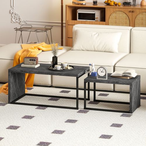 Lot De 2 Tables Basses Gigognes Design Métal Noir Effet Marbre Gris