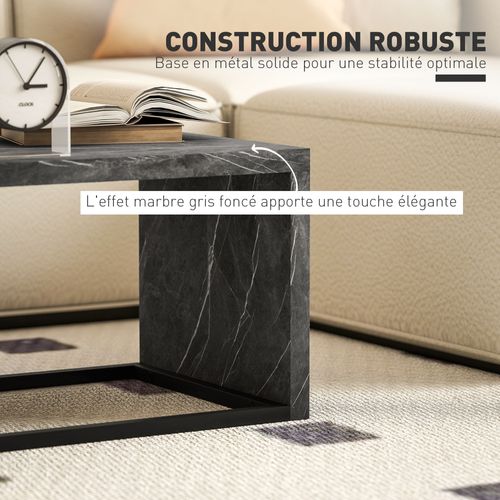 Lot De 2 Tables Basses Gigognes Design Métal Noir Effet Marbre Gris