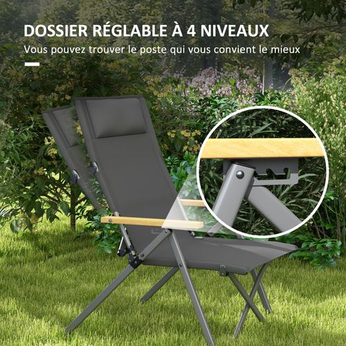Chaise De Camping Pliable Inclinable Alu Accoudoirs Bois
