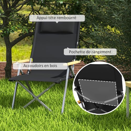 Chaise De Camping Pliable Inclinable Alu Accoudoirs Bois