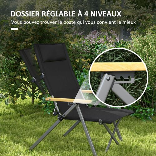 Chaise De Camping Pliable Inclinable Alu Accoudoirs Bois
