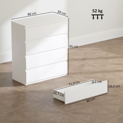 Commode 4 Tiroirs Coulissants Dim. 80l X 39l X 95h Cm Panneau Particules Blanc
