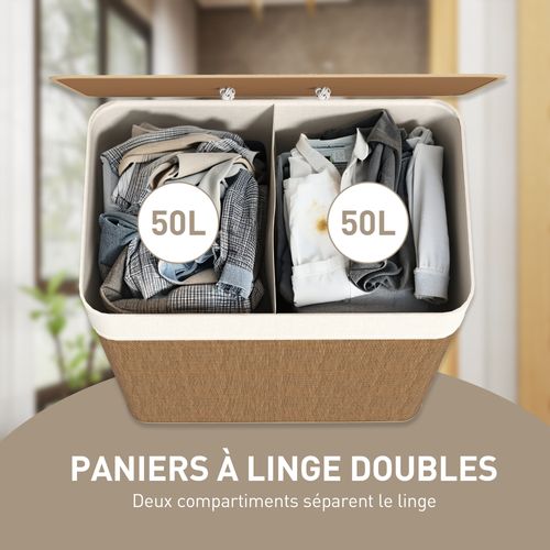 Panier à Linge Double 100l Couvercle Et Poignées Tissage Bambou