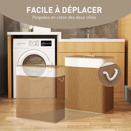 Panier à Linge Double 100l Couvercle Et Poignées Tissage Bambou