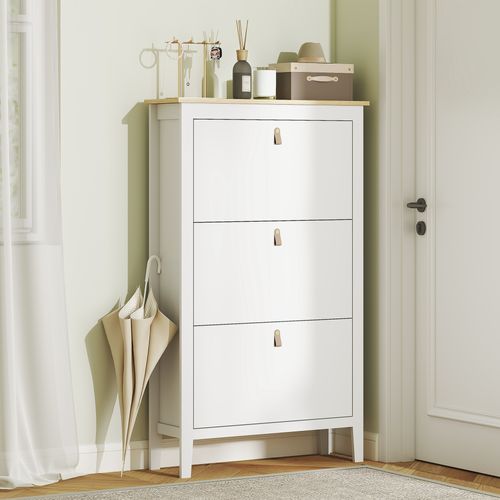 Meuble à Chaussures 3 Portes Battantes Poignées Lanières Effet Cuir