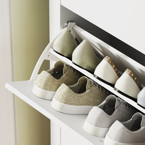 Meuble à Chaussures 3 Portes Battantes Poignées Lanières Effet Cuir