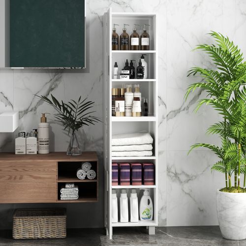 Colonne Salle De Bain Façade Blanc Laqué - 2 Portes, 4 Étagères - Blanc