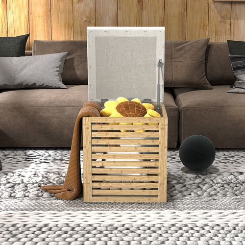 Pouf Coffre Style Cosy Chic - Lattes Bambou Verni - Coussin Gris