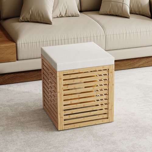 Pouf Coffre Style Cosy Chic - Lattes Bambou Verni - Coussin Gris