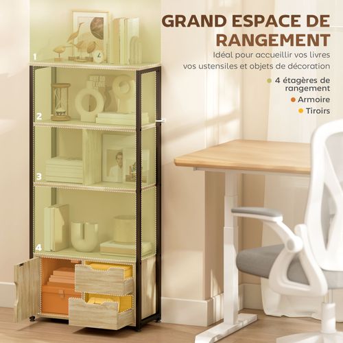 Bibliothèque Style Industriel 3 Étagères Placard Porte 2 Tiroirs Aspect Bois Acier