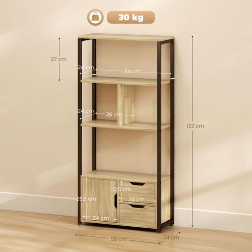 Bibliothèque Style Industriel 3 Étagères Placard Porte 2 Tiroirs Aspect Bois Acier