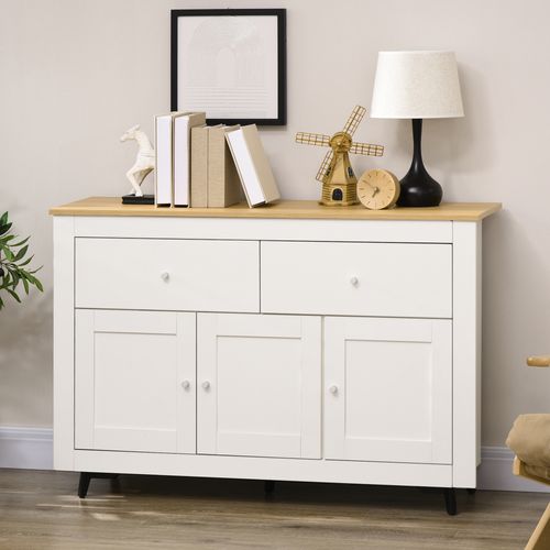 Buffet 2 Tiroirs 3 Portes Étagère Poignées Alu Effet Bois Clair Blanc