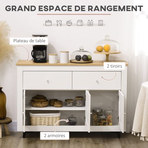 Buffet 2 Tiroirs 3 Portes Étagère Poignées Alu Effet Bois Clair Blanc