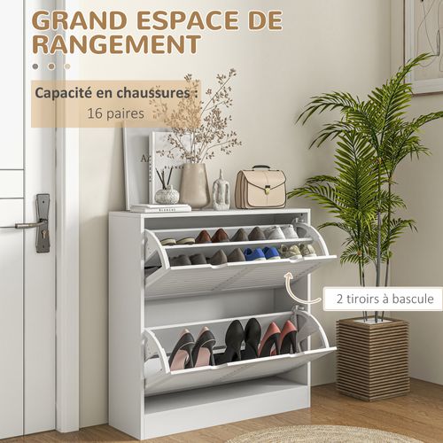Meuble à Chaussures Design 2 Portes Persiennes Max. 16 Paires Blanc