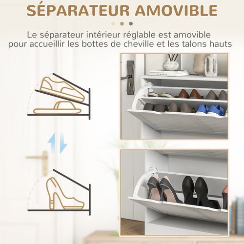 Meuble à Chaussures Design 2 Portes Persiennes Max. 16 Paires Blanc