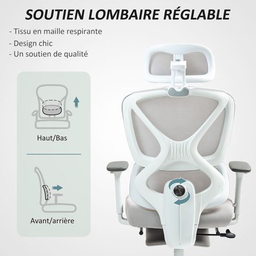 Chaise De Bureau Ergonomique Inclinable Réglable Blanc Gris