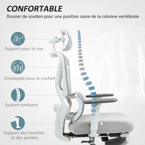 Chaise De Bureau Ergonomique Inclinable Réglable Blanc Gris