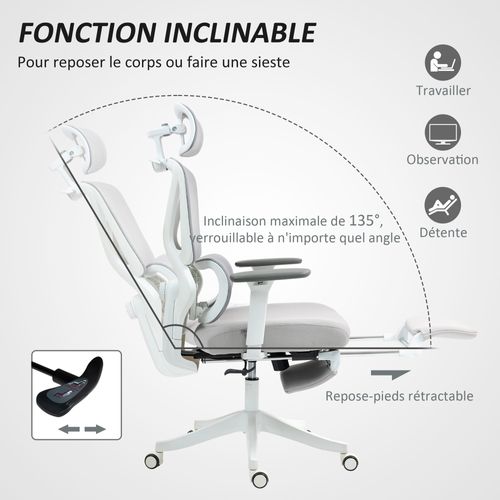 Chaise De Bureau Ergonomique Inclinable Réglable Blanc Gris