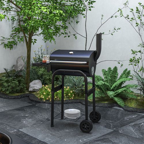 Barbecue Charbon De Bois Avec Couvercle 2 Roues Grilles Acier Chromée