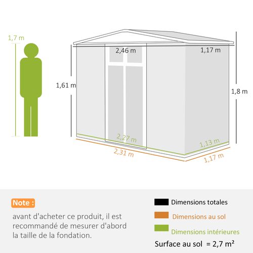 Abri De Jardin Surface 2,7 M² - 2 Portes Fenêtres Évents - Tôle D'acier