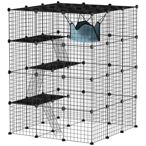 Cage Chat Intérieur - Parc Chat 4 Niv. 5 Portes Hamac Plateformes Rampes - Acier Noir