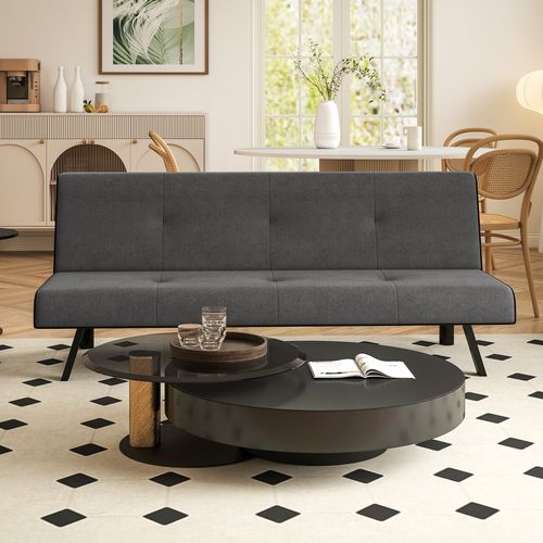 Canapé Convertible 3 Places Dossier Inclinable Réglable Métal Noir Tissu Gris